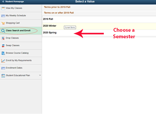 Class Search and Enroll Text Pointed From the Student Home Page 
