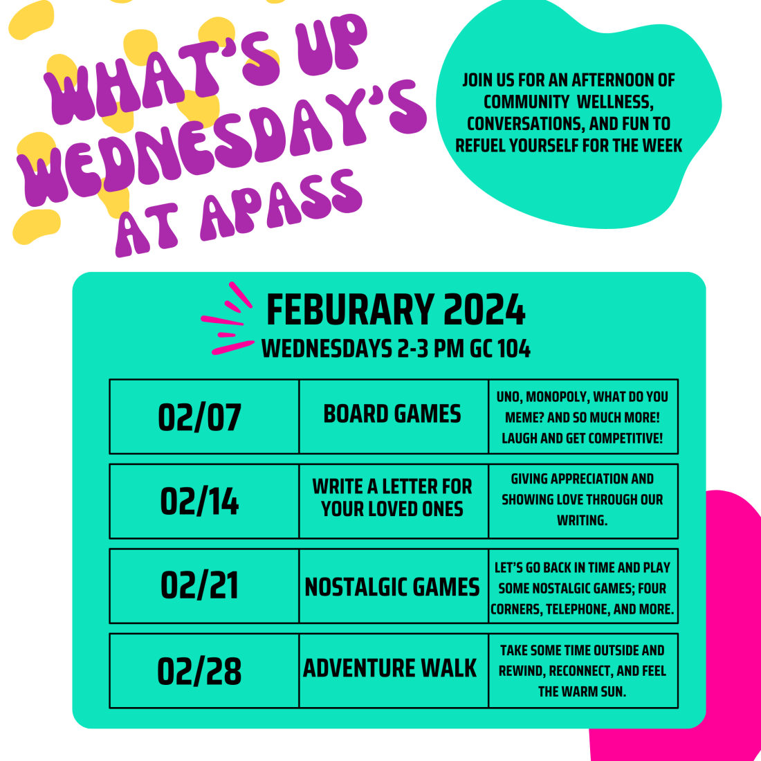What's Up Wednesday image of February schedule