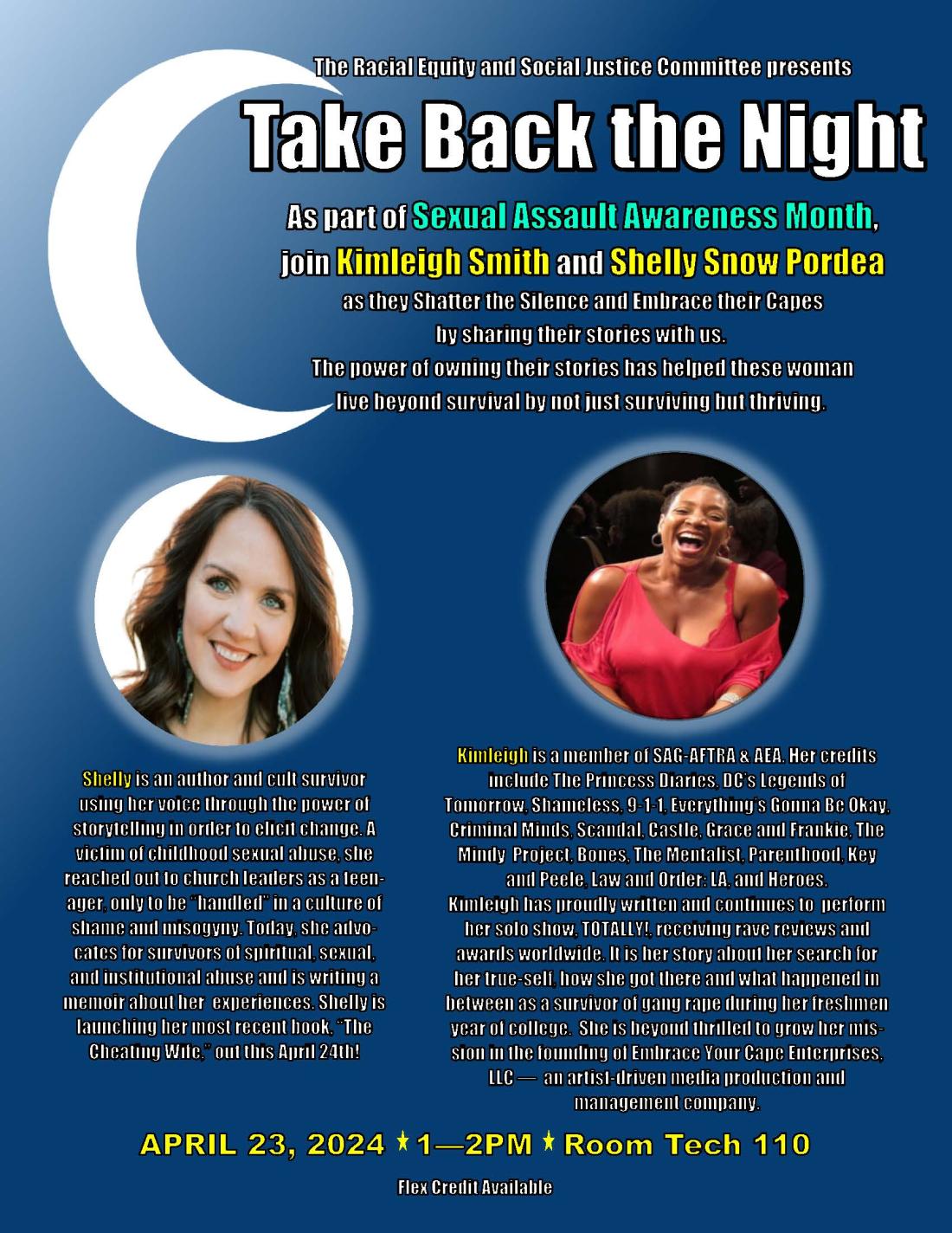 Date/time/location formation about the Take Back the Night Event including backgrounds on the guest speakers.