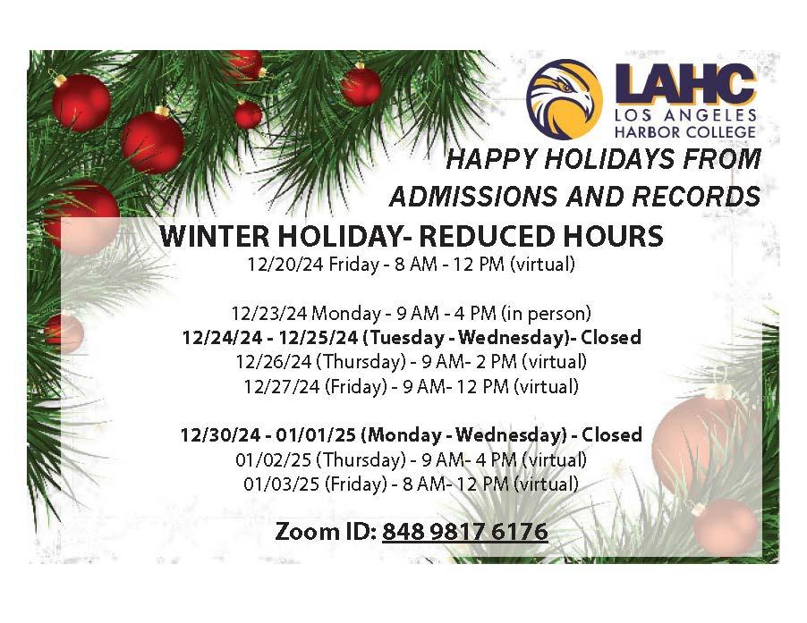 Admissions Winter Holiday 2024 hours