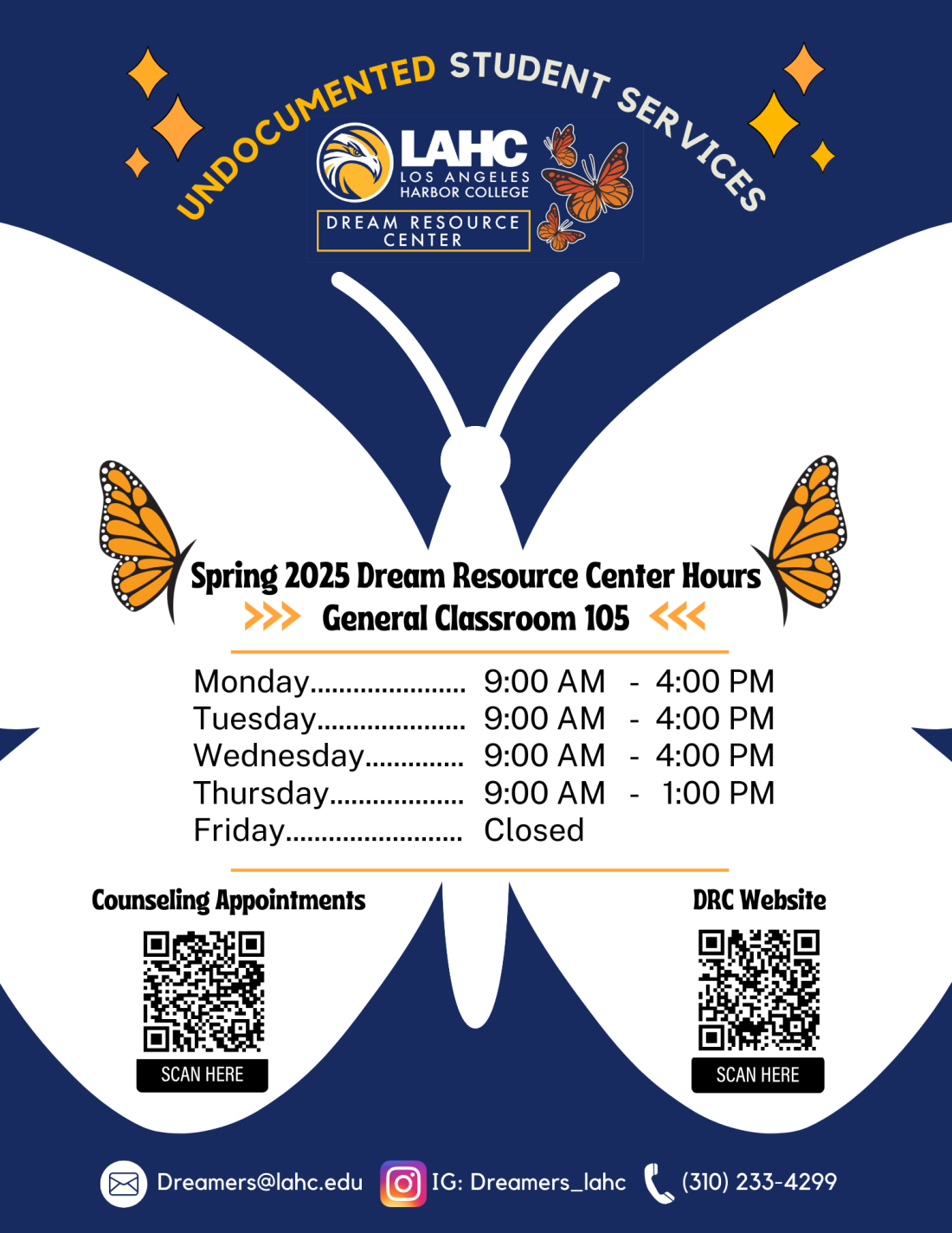 A flyer listing the DRC's operating hours. Monday through Wednesdays from 9am to 4pm and Thursdays from 9am to 1pm. Closed on Fridays. 