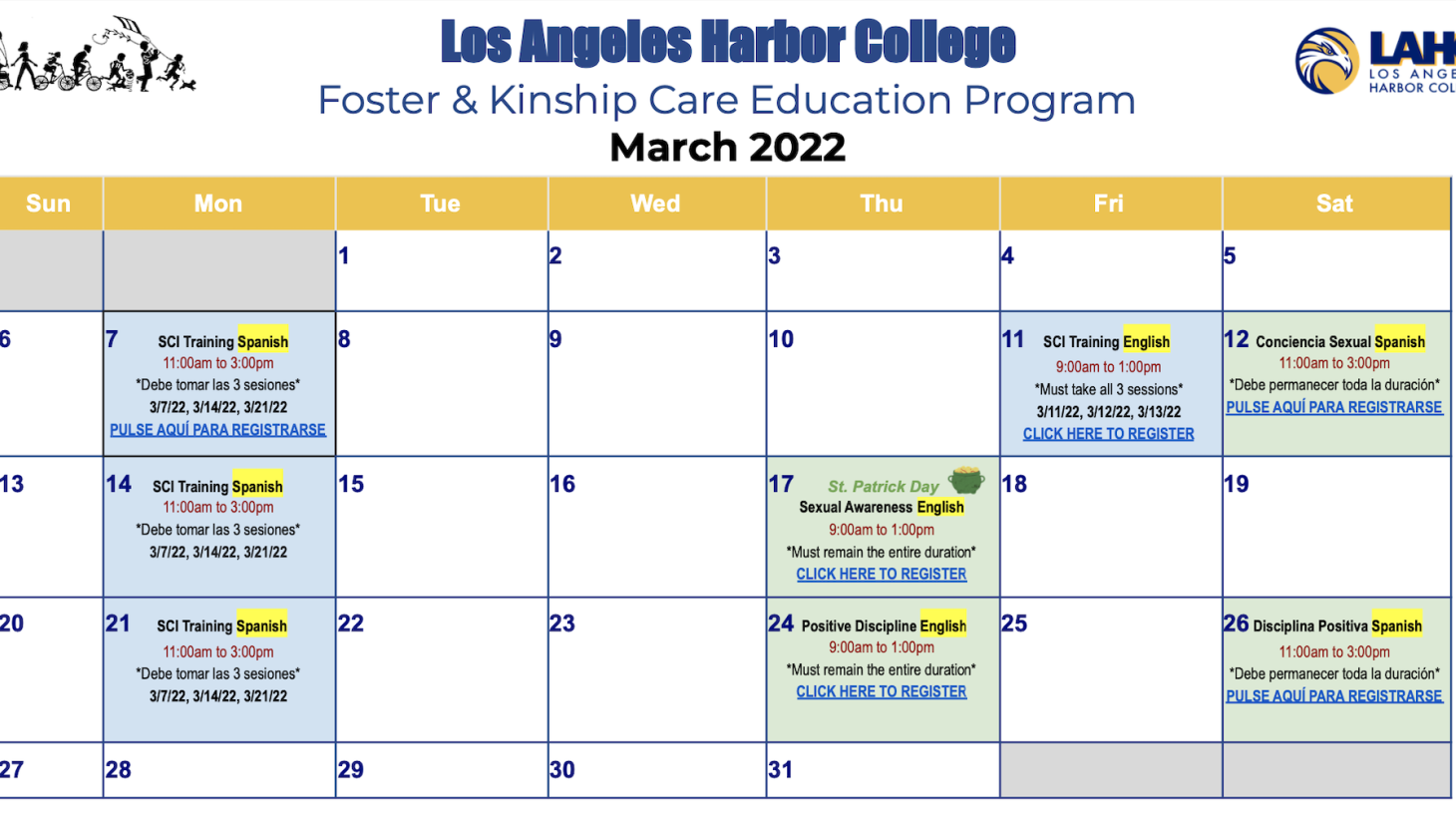 March Calendar of Foster and Kinship Care Program